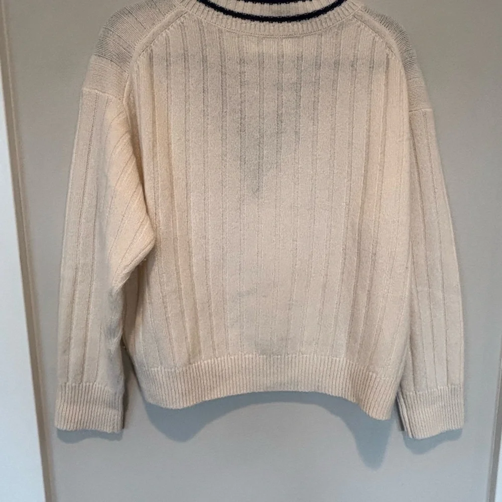 Rachel Zoe Cashmere Cream and Navy V-Neck Sweater - Picture 2 of 5